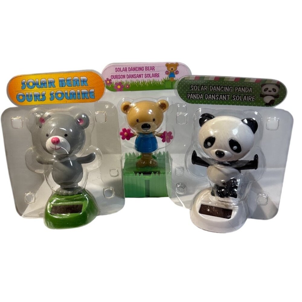 Solar Dancing Bears Set of 3 Panda & Teddy With Colorful Details 4" New